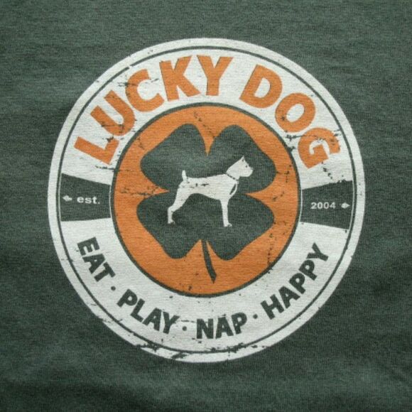 SMALL Lucky Dog Unisex Crewneck Short Sleeve Distressed Khaki Green Tee - Picture 2 of 9
